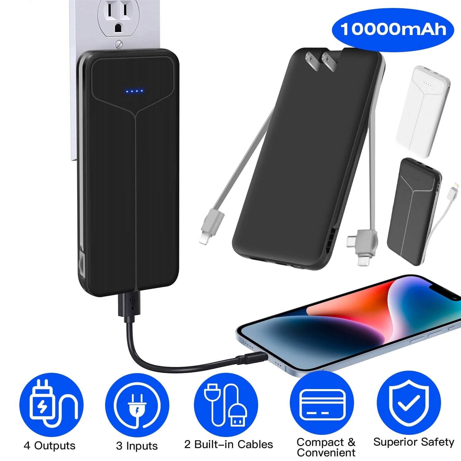 10000mAh Power Bank Portable Charger with US Plug 2 Built-in Cables External Battery Pack