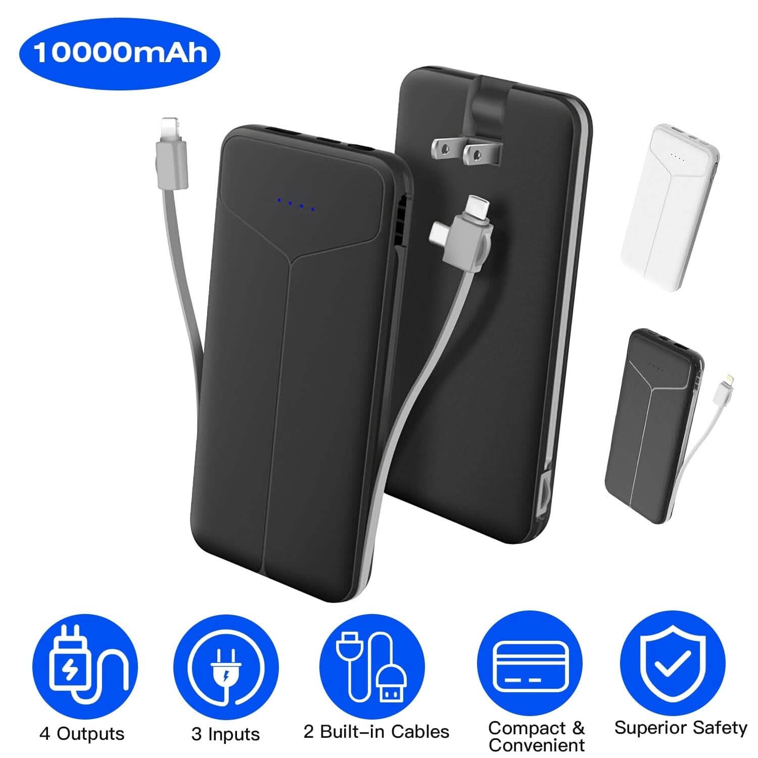 10000mAh Power Bank Portable Charger with US Plug 2 Built-in Cables External Battery Pack