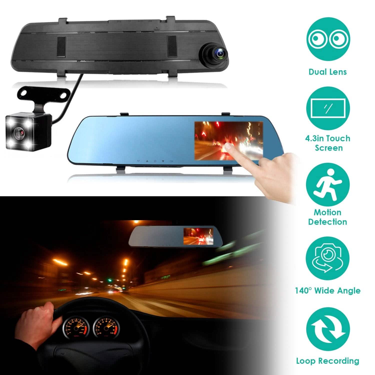 1080P Car DVR 4.3inches Dash Cam with 140° Angle Loop Recording