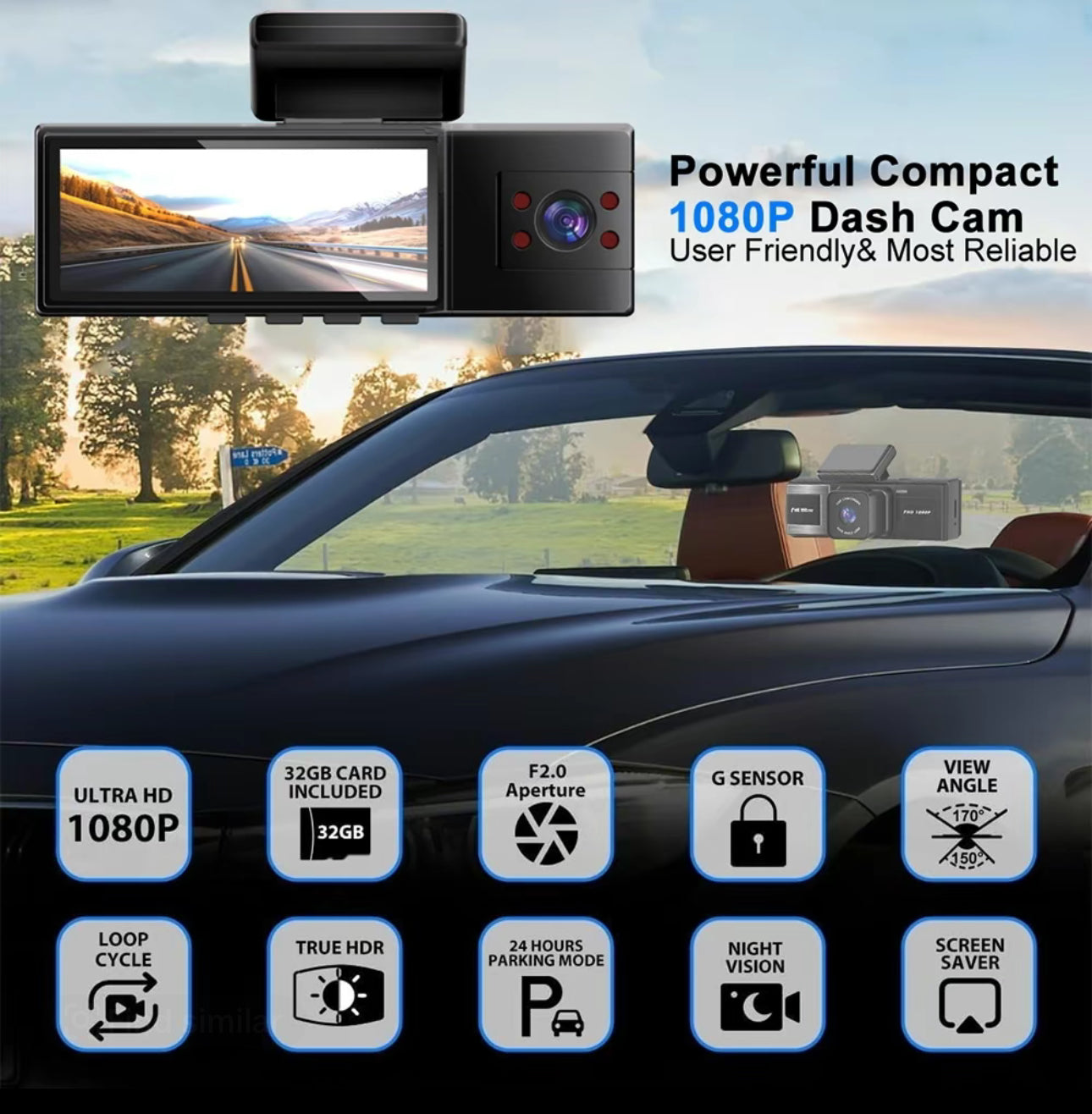 3-Camera Dash Cam – Front, Rear & Inside Car Recorder with WiFi & Night Vision