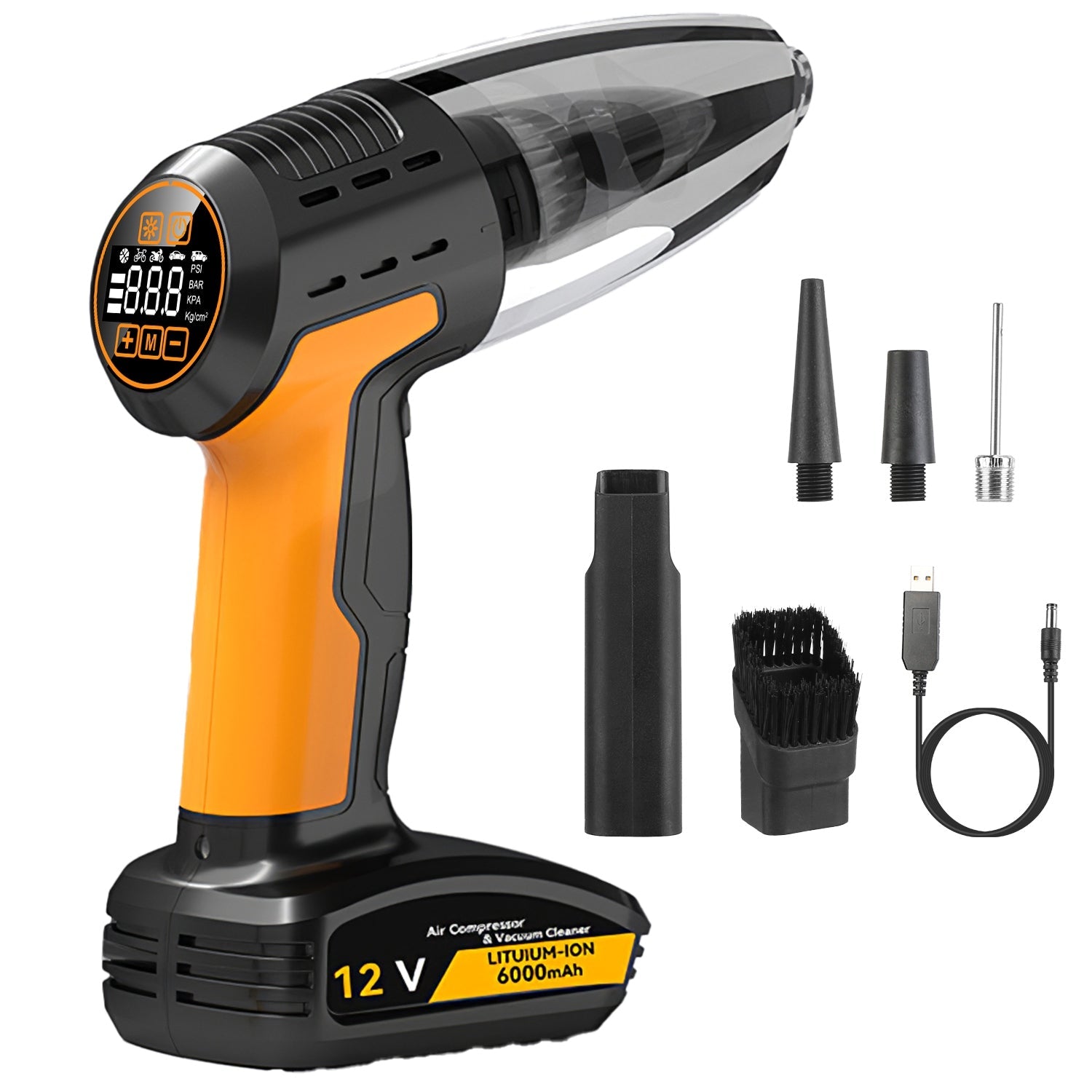 4 In 1 Cordless Car Vacuum Cleaner and Tire Inflator with LED Light Digital Display Tire Pressure Gauge 150PSI Rechargeable Air Compressor Pump Essent