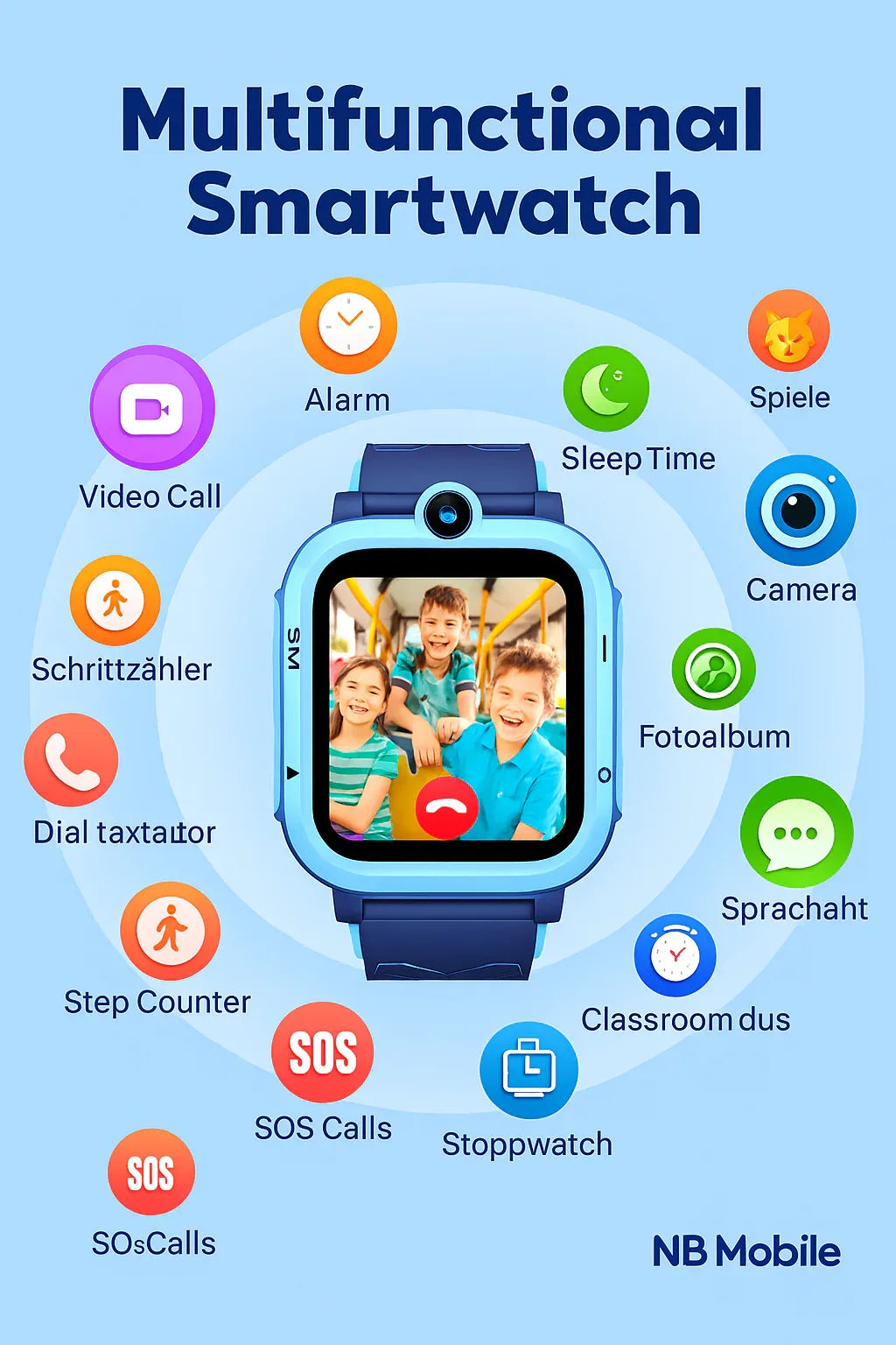 4G Android Kids Smartwatch with SIM Card, GPS + WiFi + LBS Tracker,