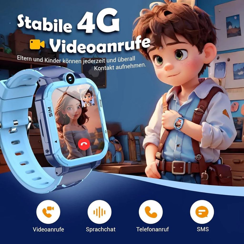 4G Android Kids Smartwatch with SIM Card, GPS + WiFi + LBS Tracker,
