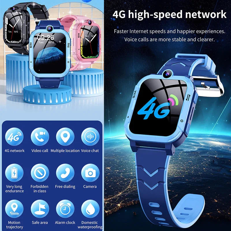 4G Android Kids Smartwatch with SIM Card, GPS + WiFi + LBS Tracker,
