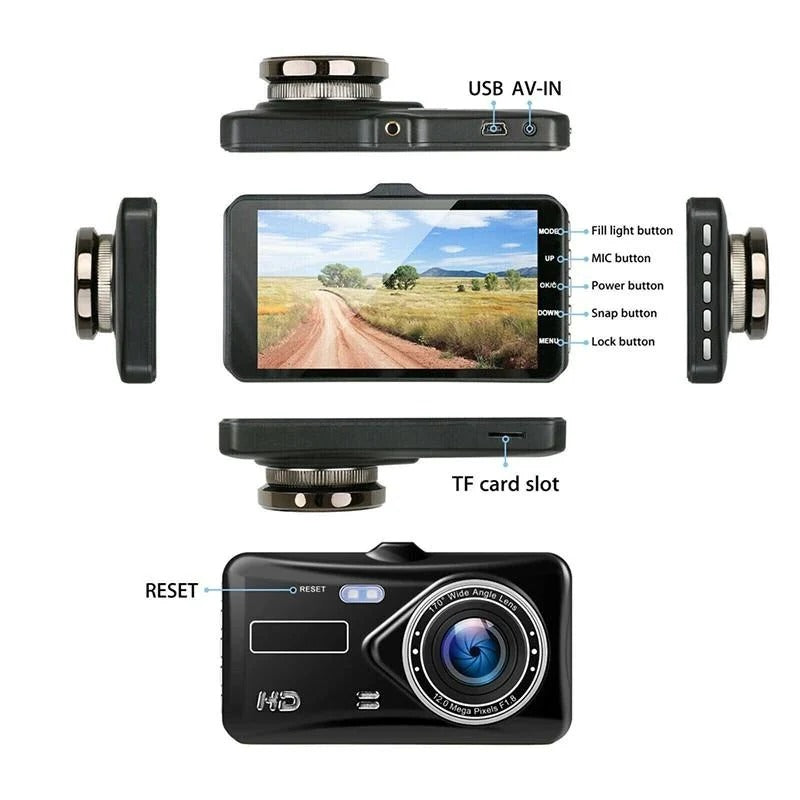1080P Dual Dash Cam Front & Rear Camera 4" LCD Wide Angle Car DVR