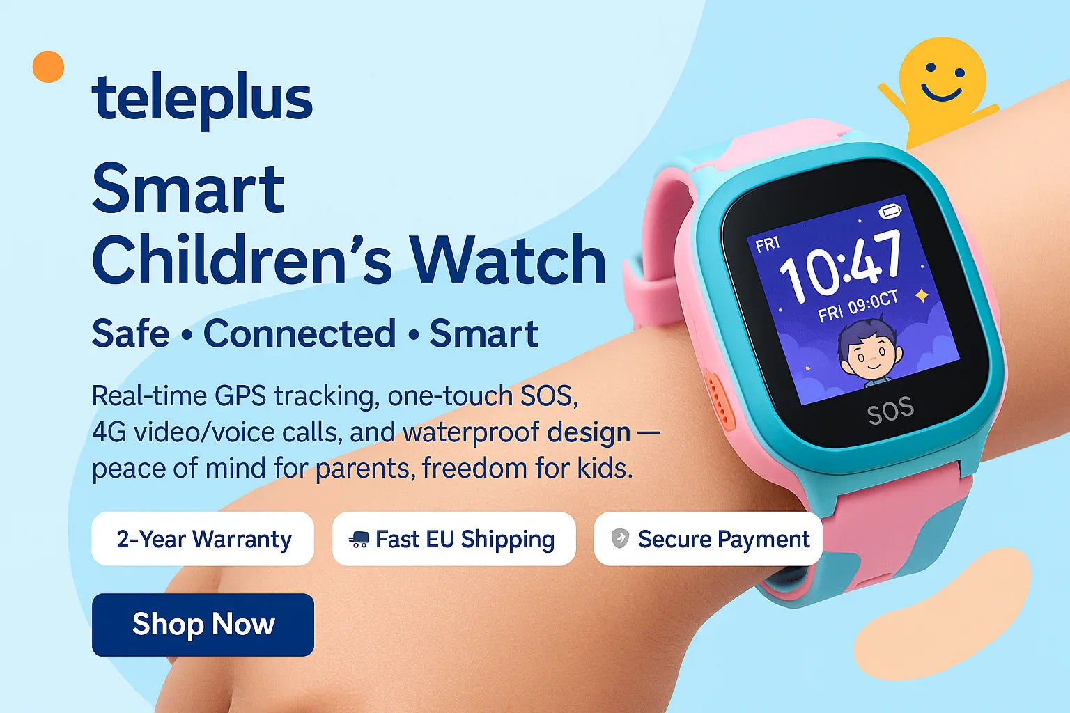 4G Android Kids Smartwatch with SIM Card, GPS + WiFi + LBS Tracker,