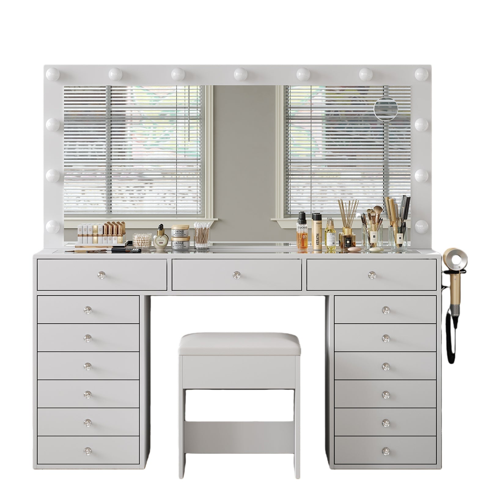 15-Drawer LED Mirror Vanity Desk - Vektaya