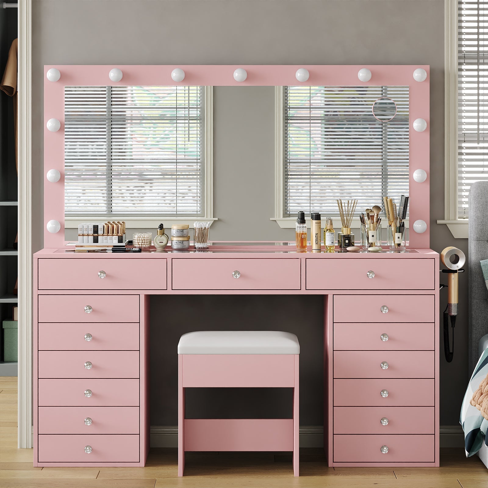 15-Drawer LED Mirror Vanity Desk - Vektaya