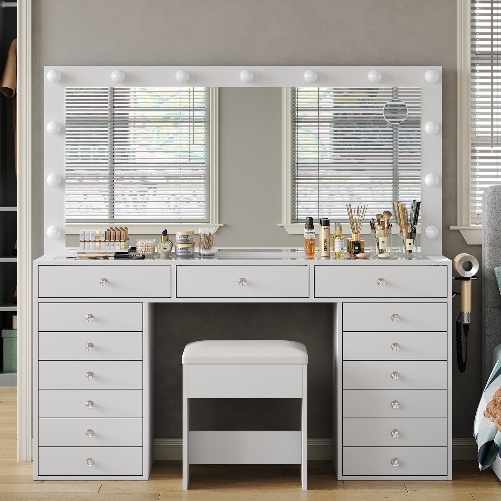 15-Drawer LED Mirror Vanity Desk - Vektaya