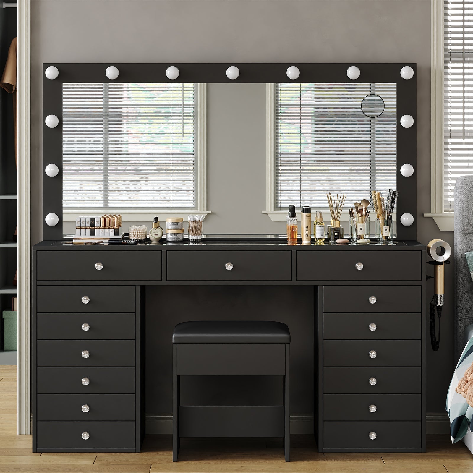 15-Drawer LED Mirror Vanity Desk - Vektaya