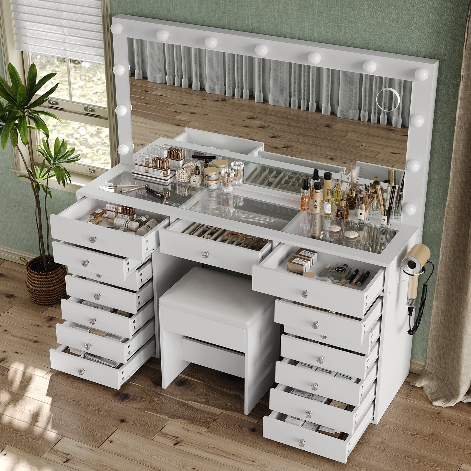 15-Drawer LED Mirror Vanity Desk - Vektaya