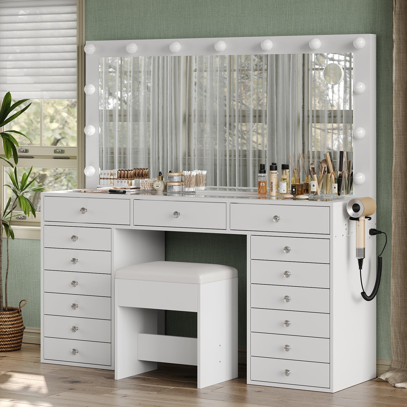 15-Drawer LED Mirror Vanity Desk - Vektaya